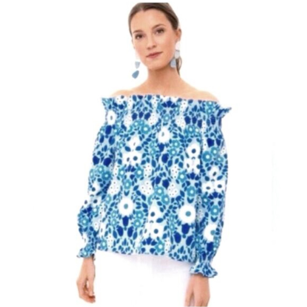 Tuckernuck Blue and White Ruffled Long Sleeve Blouse